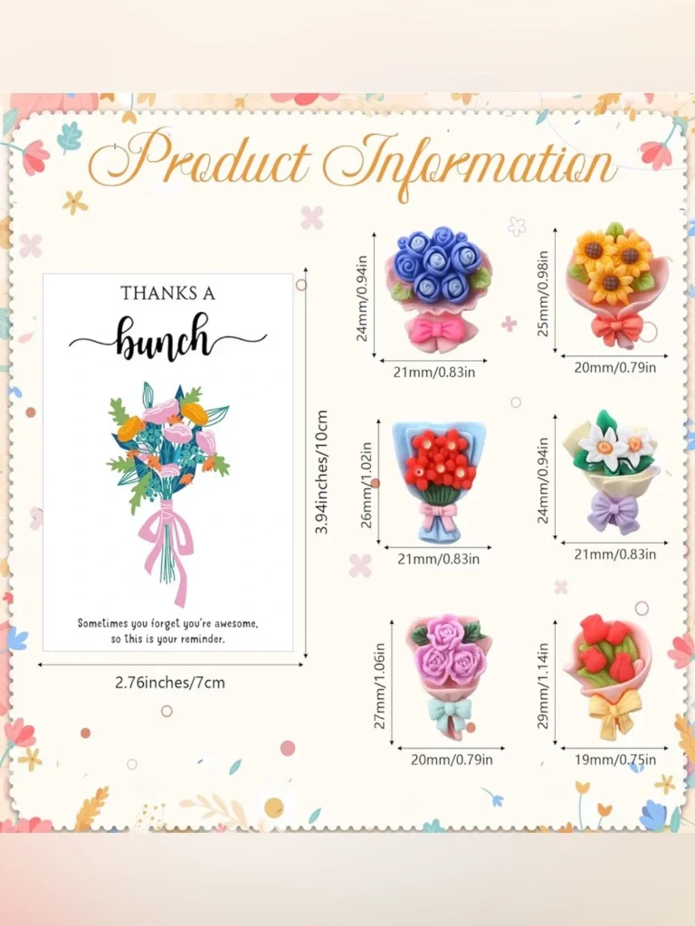 (10) Thanks a Bunch Cards With Mini Resin Flower Bouquet Pocket Hugs